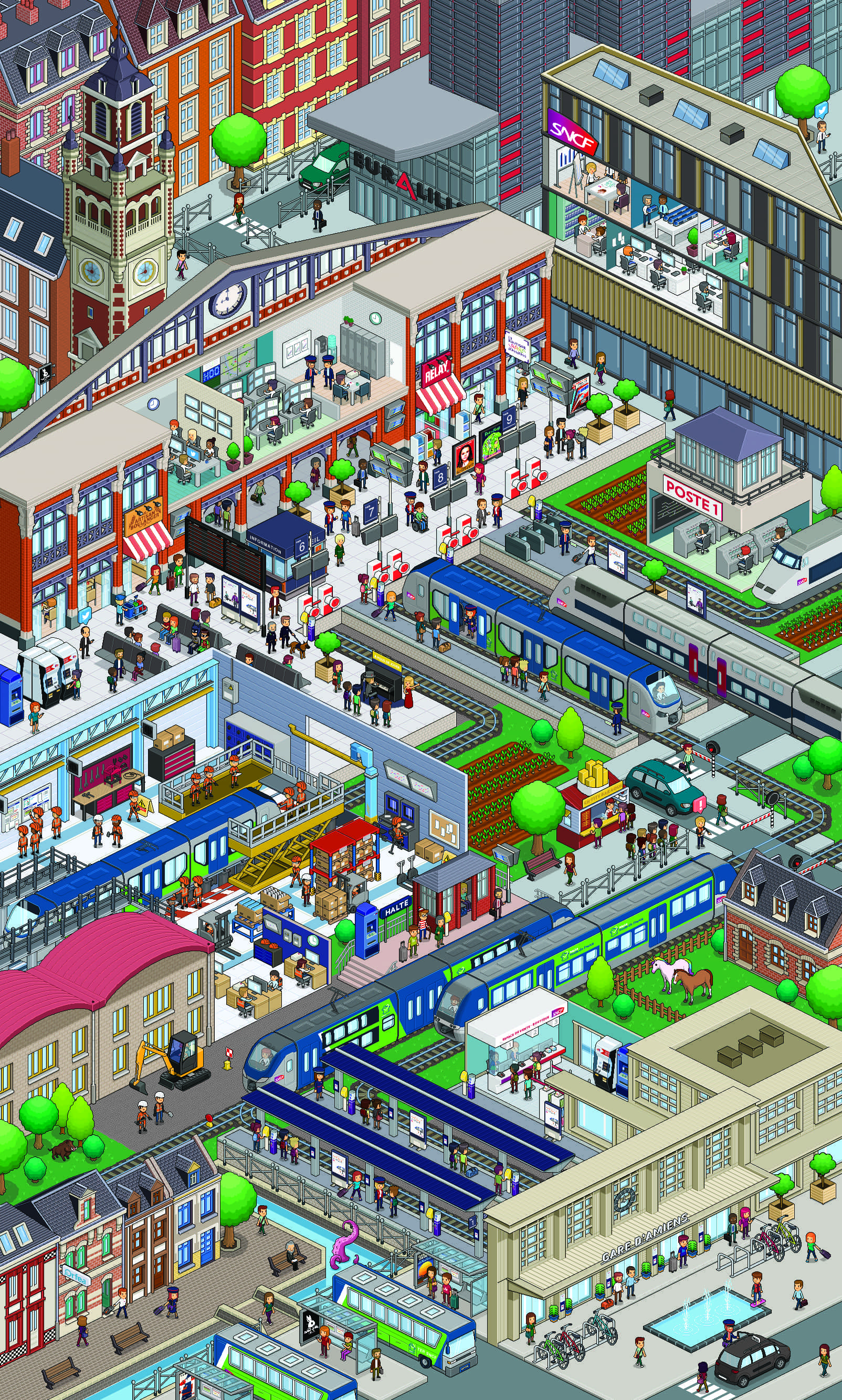 poster dans un style pixel art représentant une ville avec 2 gares